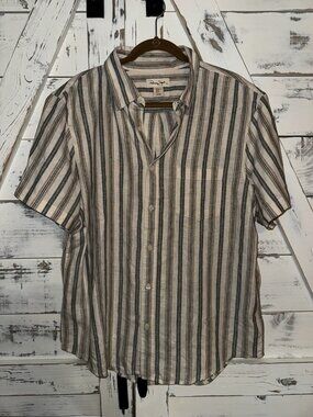 Panama Jack Mens XL Blue Tan Linen Blend Striped Short Sleeve Button Down Shirt